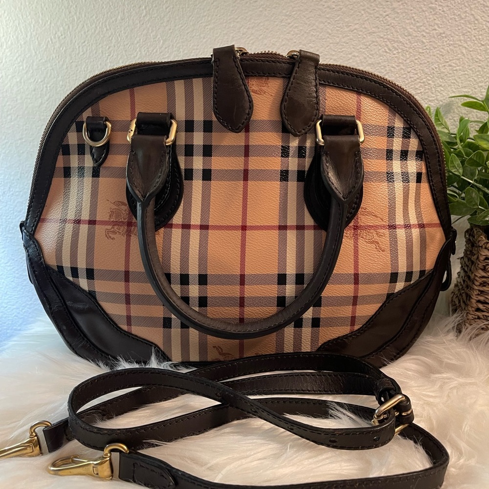 BURBERRY Haymarket Check Small Orchard Bowling Bag Chocolate,
